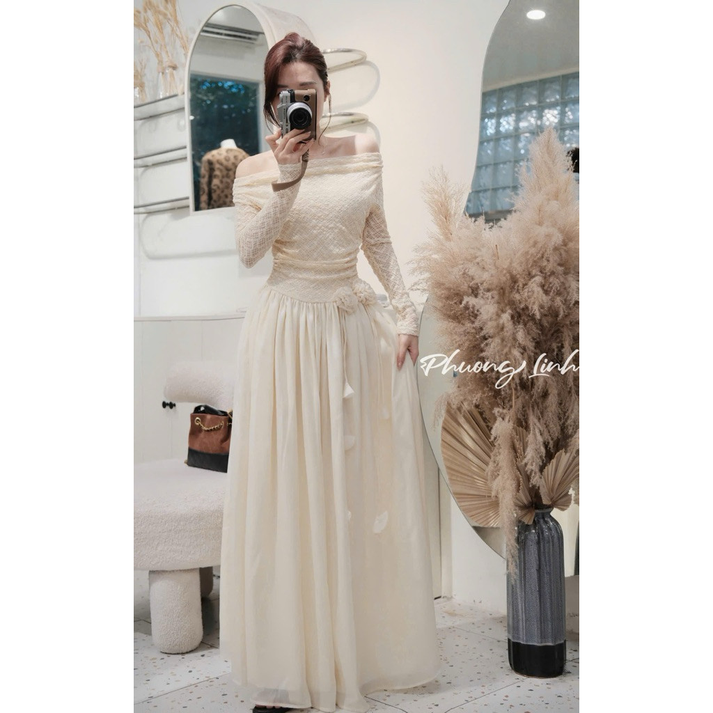 Đầm maxi ren trễ vai hoa eo dáng xoè BYJOLIE