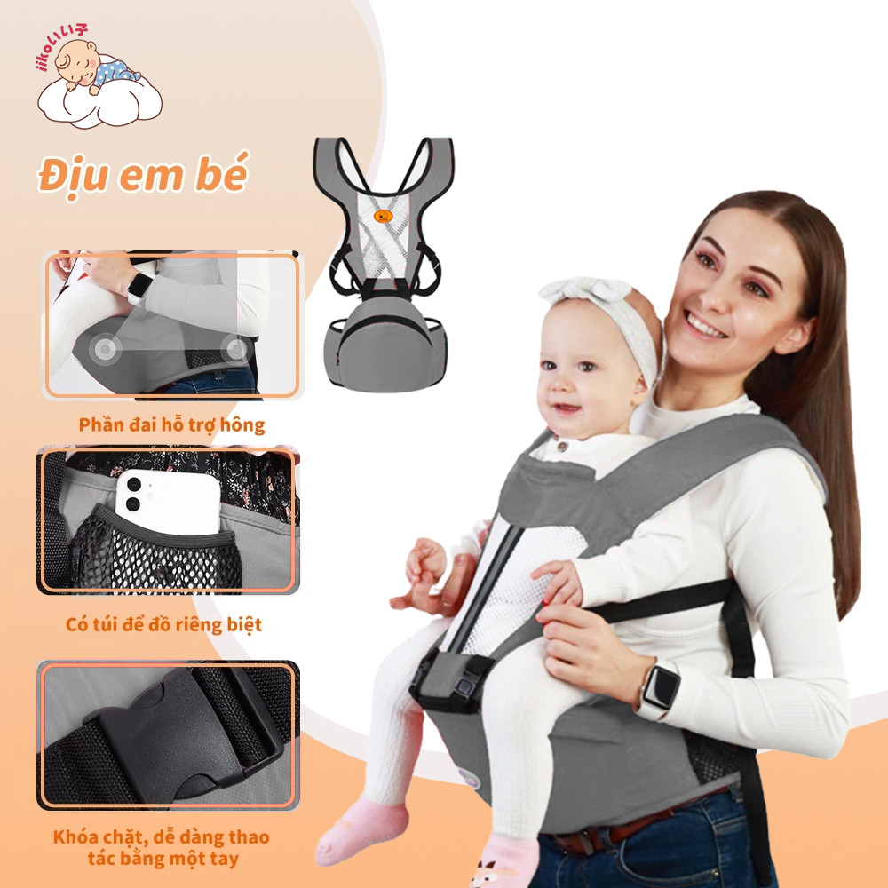 Địu iiko Cho Bé 0-36 Tháng - Thiết Kế Ghế Ngồi Rộng Rãi, Hỗ Trợ Hông Bé