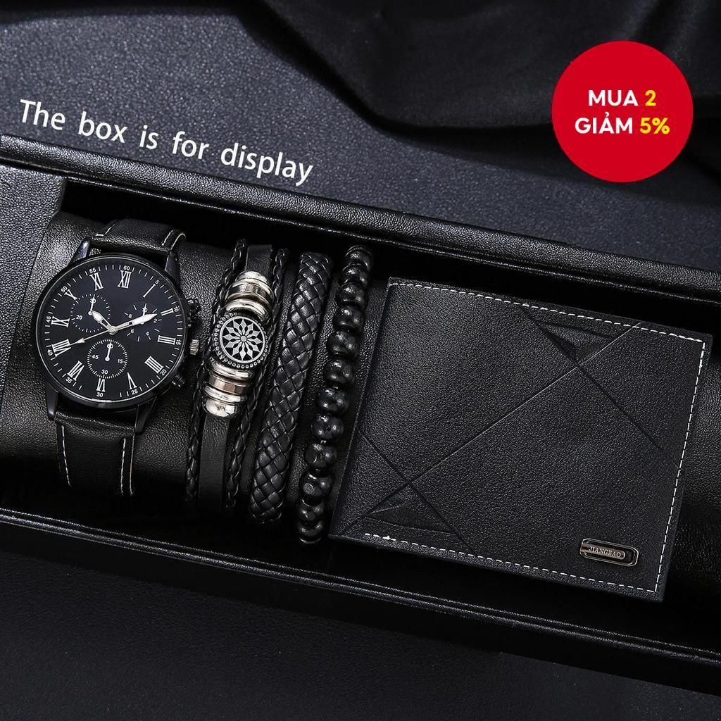 Bộ 5 Đồng Hồ Nam Bộ Quà Tặng Đồng Hồ Thạch Anh Da PU Màu Đen Có Vòng Tay Ví Quà Tặng Cho Anh ấy