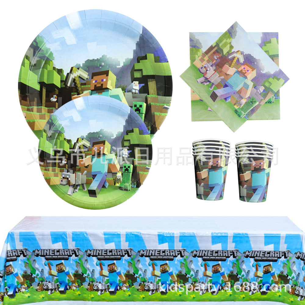 Minecraft PartyWQ Minecraft Dự Tiệc Cung Cấp Khay Giấy Cốc Giấy Khăn Giấy Pennant Khăn Trải Bàn Túi 