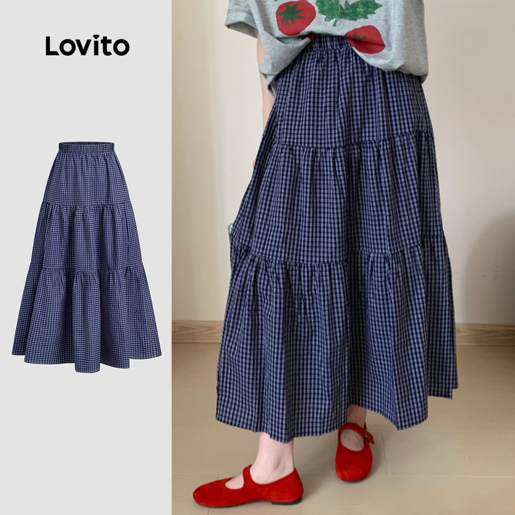 (New) Lovito Váy nhẹ Thời trang Xuân/Hè Váy màu xanh đậm cho phụ nữ L144AD368