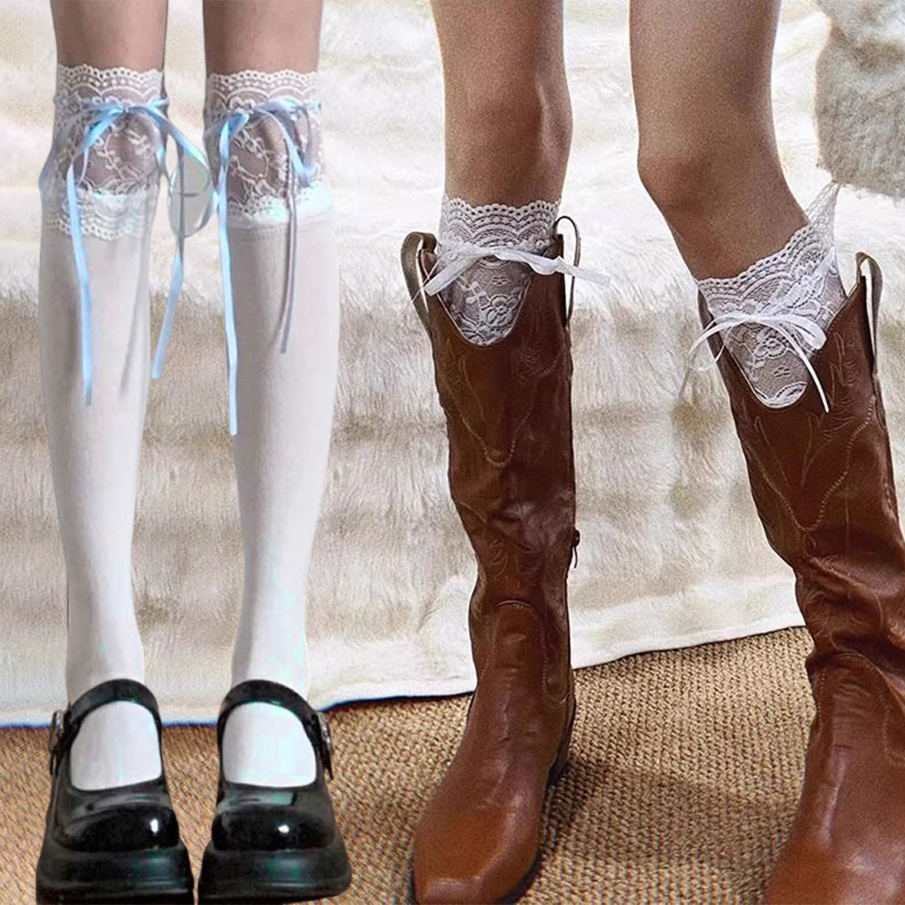 Tất cao đến đầu gối nữ, thiết kế nơ viền ren, phù hợp với váy và boots