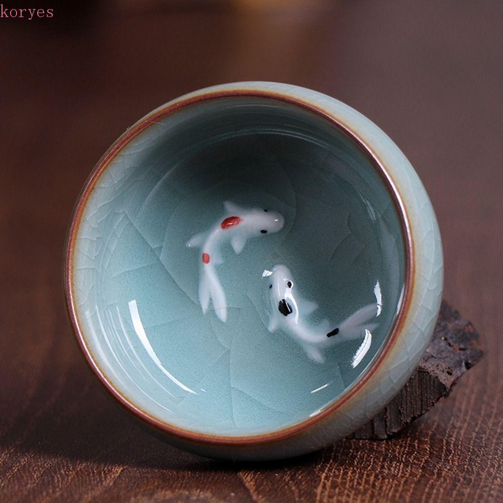KORYES Golden Fish Celadon Porcelain Teacups, Crackle Kungfu Longquan Tea Cup, Crackle Tea Cup servi