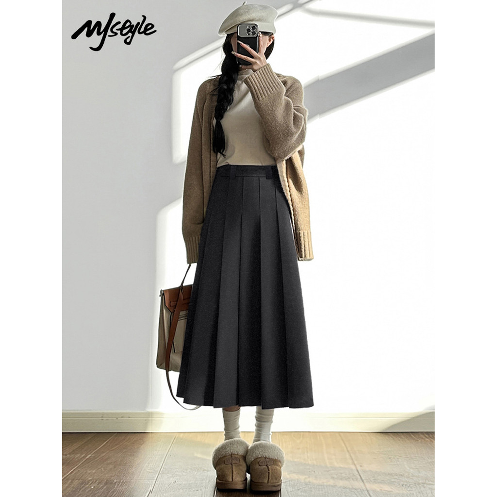 MJstyle Len Xếp Ly - Váy chữ A màu xám đậm, phù hợp thời trang thu đông