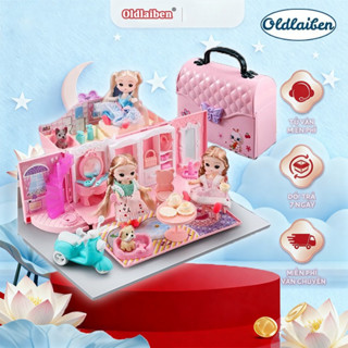  Oldlaiben - Ngôi nhà búp bê thiết kế dạng túi xách,kèm 2 búp bê Tặng Xe Máy + Dải đèn LED quà tặng sinh nhật cho bé gái 
