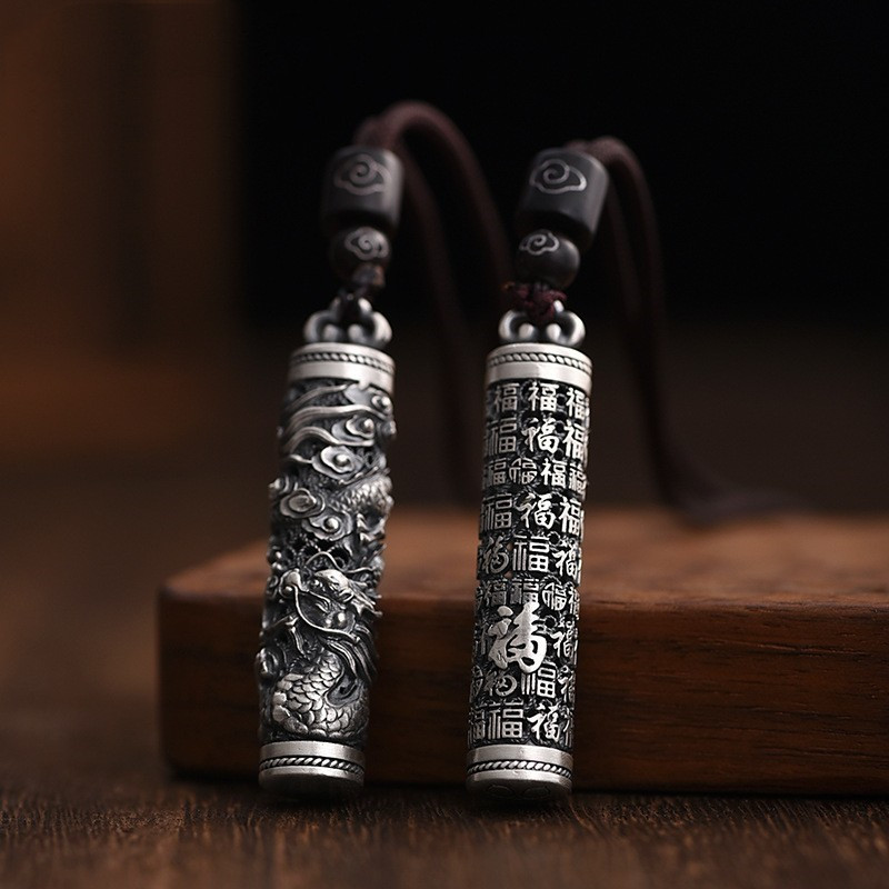 Luotai Old Silversmith 999 Sterling Bạc Cung Hoàng Đạo Đĩa Rồng Mặt Dây Chuyền Nam Nữ Phong Cách Dân