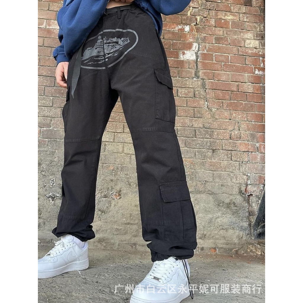 4IRJ CRTZ Cargo pants Printed Multi-Pocket Black Cargo Pants Men Loose Straight Long Pants
