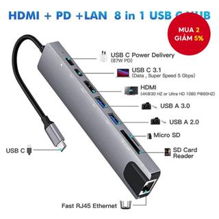  USB Hub 8IN1 Loại C Adapter Multiport 4K HD RJ45 Ethernet USB3.0 PD Cổng Sạc TF SD Đầu Đọc Thẻ 