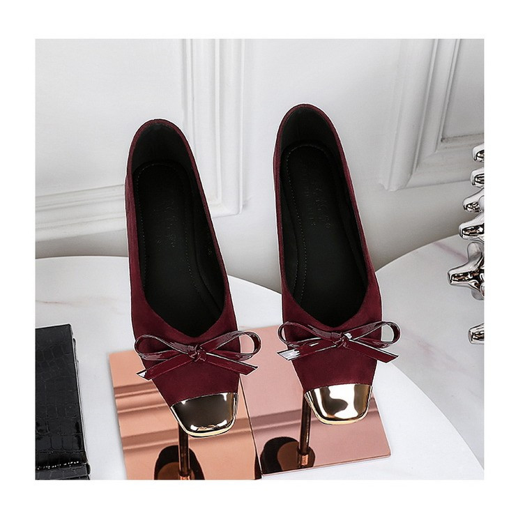 BIGTREE Women's Flat Ballet Shoes European and American Style Bowknot Shoes Metal Square Toe Shallow