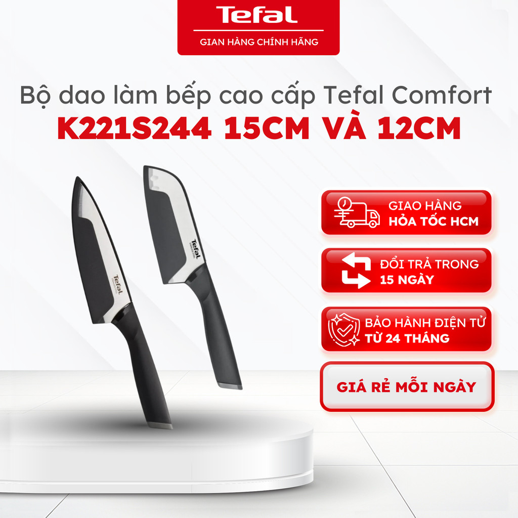 Bộ dao làm bếp 2 món Tefal Comfort K221S244 15cm và 12cm, chống gỉ, sắc bén - Bảo hành 24 tháng