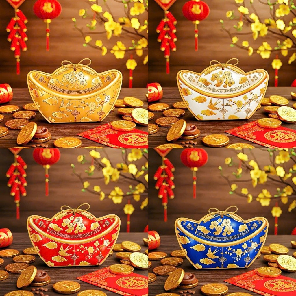 Vỏ Hộp "thỏi vàng hoa mai" 2 mặt màu đỏ,vàng,trắng, xanh đựng trà bánh kẹo decor Tết 2026