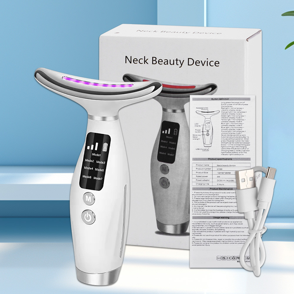 Máy mát xa nâng cơ mặt cổ 7 màu Đèn LED Photon sưởi ấm Massage rung cho da mặt