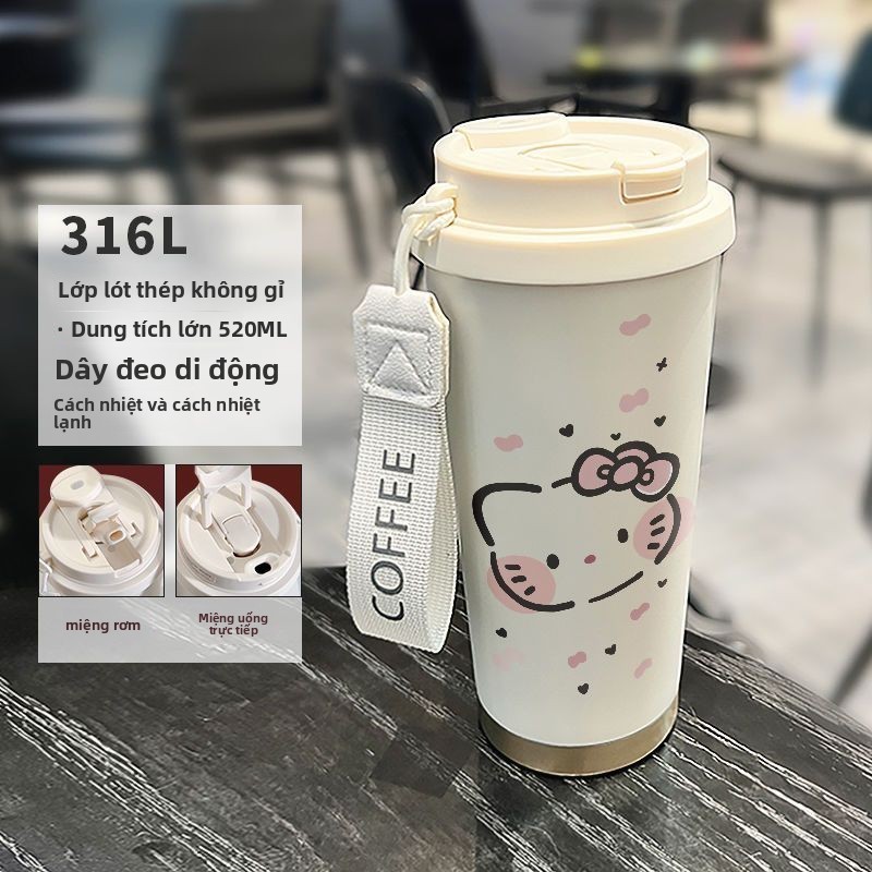 bình giữ nhiệt inox 316 Cốc đựng nước có ống hút dung tích lớn Hello Kitty dành cho nam và nữ học si