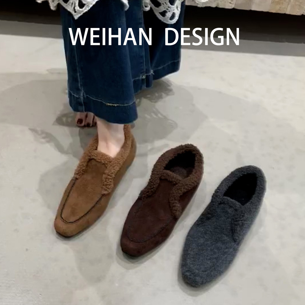 SK Phiên Bản Da Cừu Lông Cừu Lông Cừu Ấm Áp Giày Da Lộn Nữ Giày Cotton Ngón Vuông Nhỏ