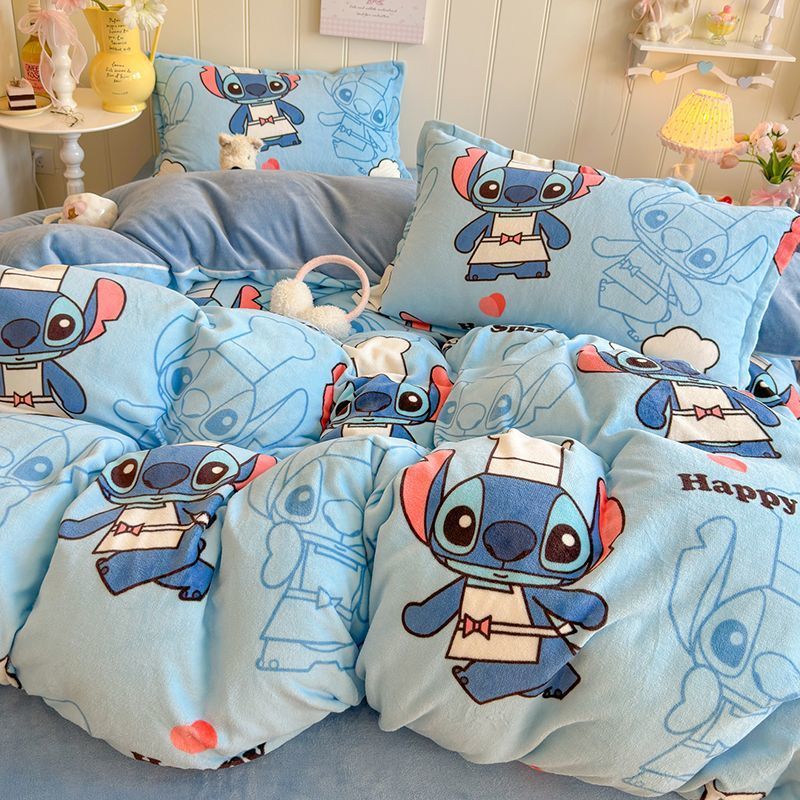Stitch Cartoon Winter Fleece Duvet Cover, Milk Fleece Duvet Cover, Bộ bốn mảnh, Phòng ngủ sang trọng