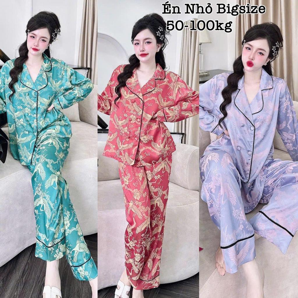 Đồ Bộ Bigsize - Đồ Ngủ Mặc Nhà Pijama Bigsize Lụa Gấm Tay Dài Vest Nút Bọc Đôi Cao Cấp Mềm Mịn Mát B