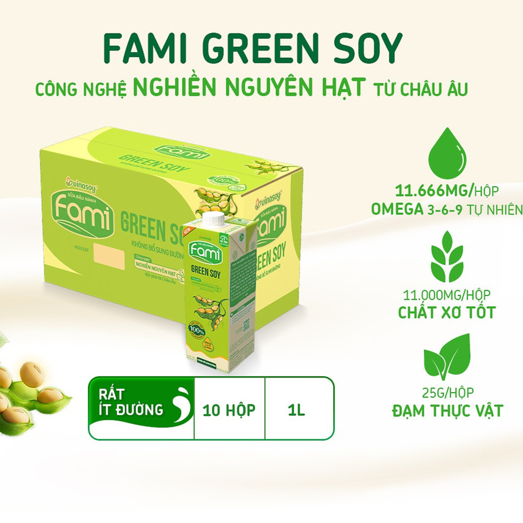 Thùng Vinasoy Fami Green soy không bổ sung đường hộp (10 hộp x 1 Lít)