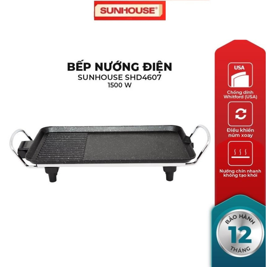 Bếp nướng điện SUNHOUSE SHD4607, Công suất 1500 W, Không sinh ra khói, Bề mặt phủ chống dính 2 lớp siêu bền
