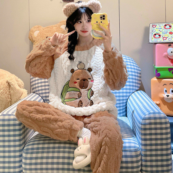 nightgowns winter pajamas Bộ Đồ Ngủ Jacquard Lông Cừu Ấm Áp Cho Bé Gái Và Mẹ - Phù Hợp Thu Đông