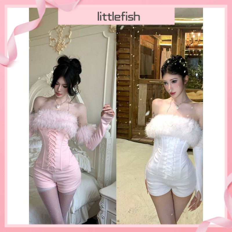 [Littlefish] Bộ đồ đôi Fur Tube Top và Shorts nữ, kiểu dáng thời trang, size lớn.