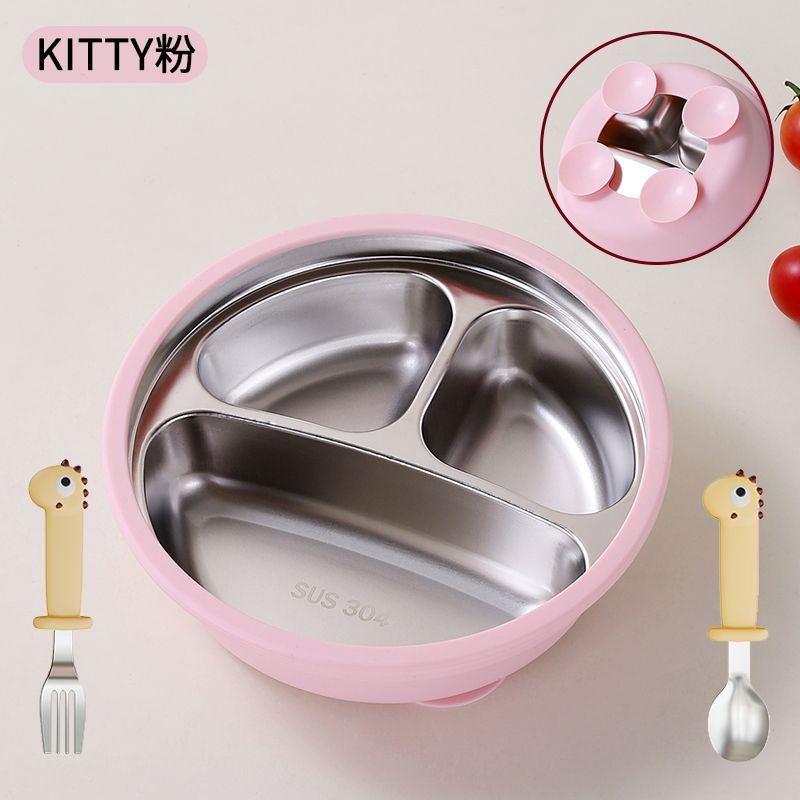 304 Thực phẩm Lớp thép không gỉ Dinner Plate Full Set Kids Eating Plate Với Sucker Anti-Knock Baby E