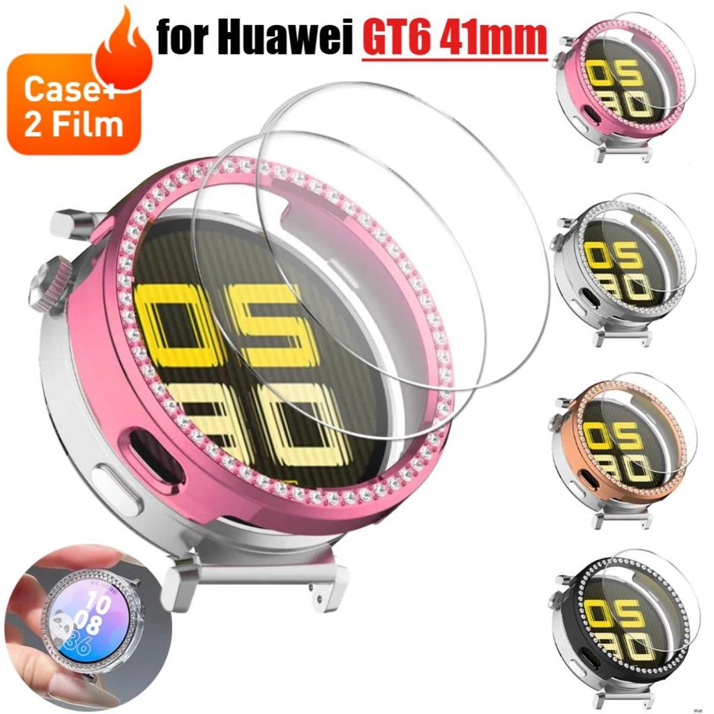 Vỏ kim cương mới + Kính cường lực cho Huawei Watch GT6 41mm Vỏ bảo vệ màn hình chống trầy xước cho H