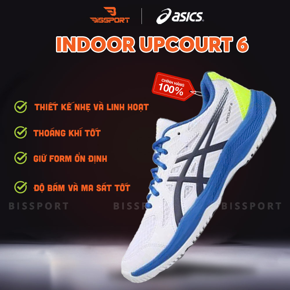 Giày Bóng Bàn/Cầu Lông Asics Upcourt 6 Trắng Xanh Dương Chính Hãng - Ổn Đinh - Êm Ái - Thoáng Khí - 