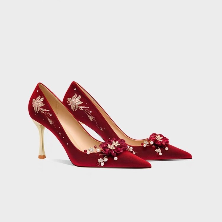 Giày Cưới Cô Dâu 0 Đỏ Giày Cao Gót Xiuhe Cưới Khối Cưới Gót Phù Dâu Giày Cao Gót Nữ