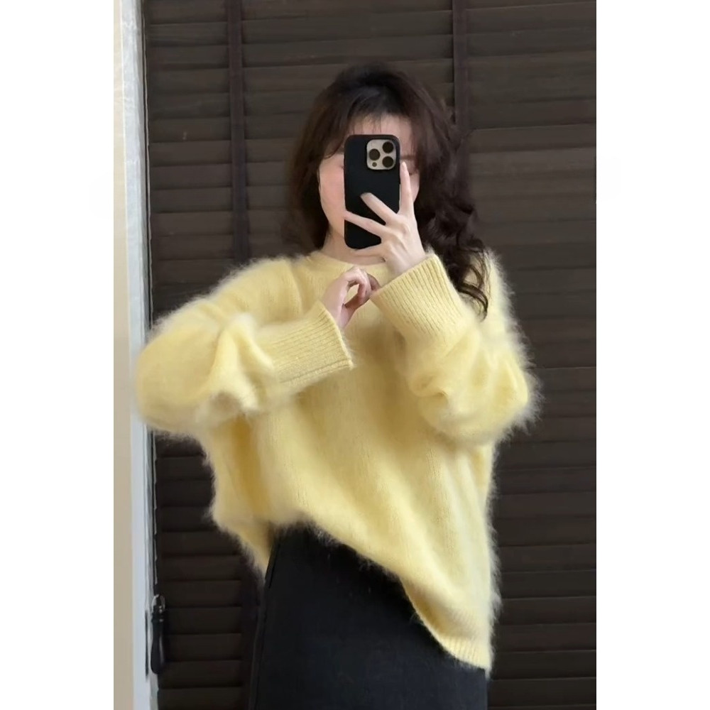 Cửa hàng Zhuzhu - Áo Len Mohair Màu Vàng Phong Cách Hàn Quốc Cho Mùa Thu Đông