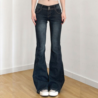  A97 - Quần jean nữ dài cạp trễ lưng thấp 2 nút xanh đen wash bạc quần ống loe tôn dáng cạp thấp đẹp sang chảnh 