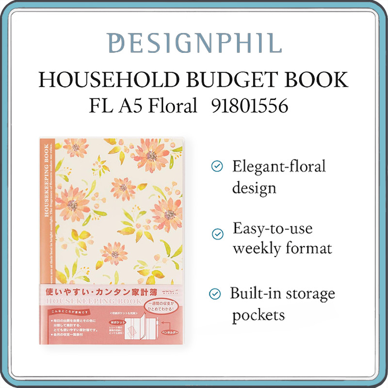 Midori FL A5 Household Budget Book  Weekly Expense Tracker & Budget Planner with Receipt Pockets and