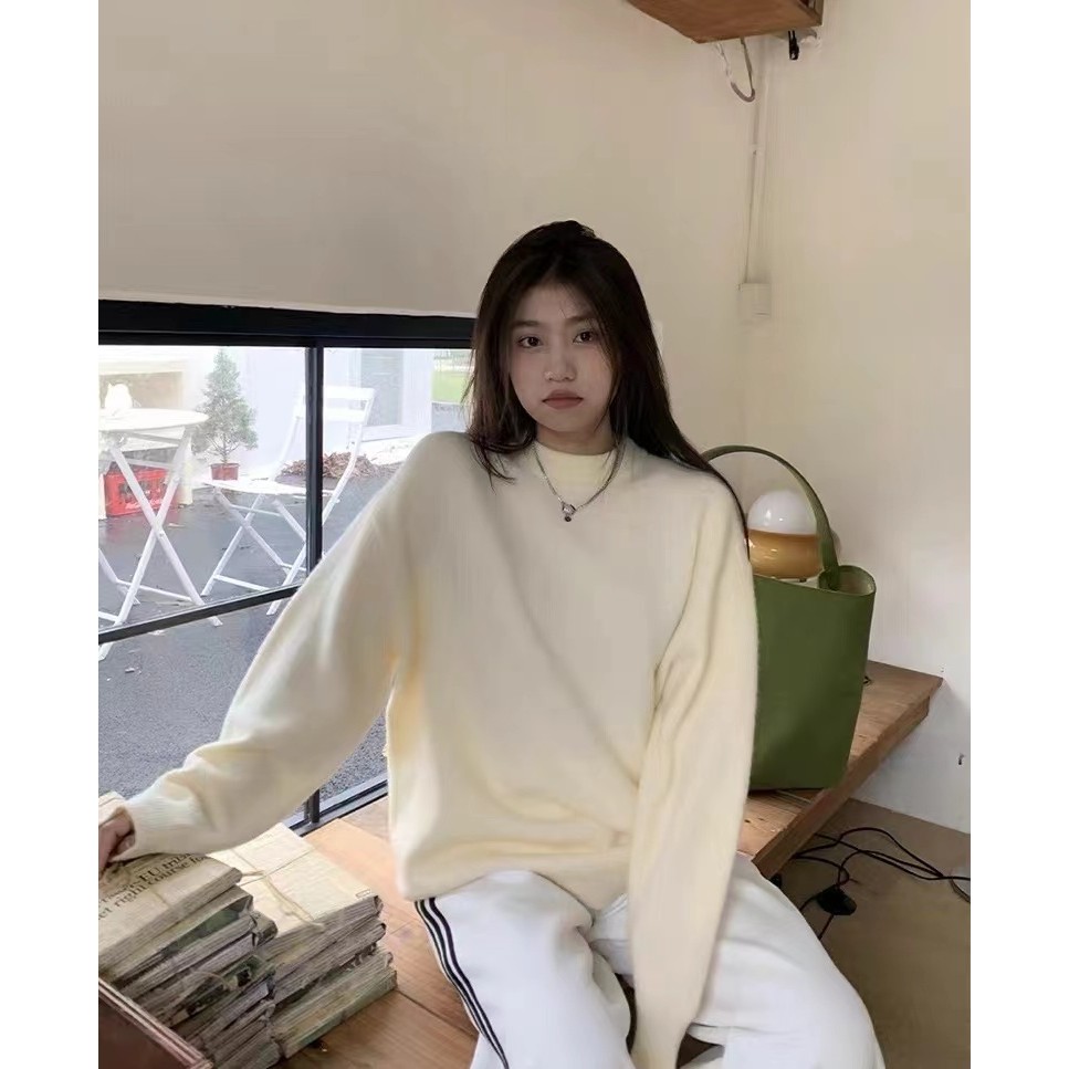 [Zhuzhu] Áo len cổ tròn màu be, phong cách thoải mái,oversize