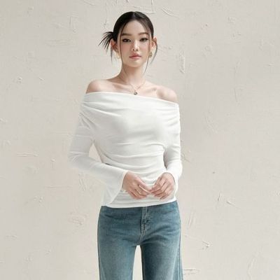 Áo kiểu KAYLIN trễ vai tay dài ống loe chất vải voan xô phong cách gợi cảm BST Tháng 10.2025 - A63T10