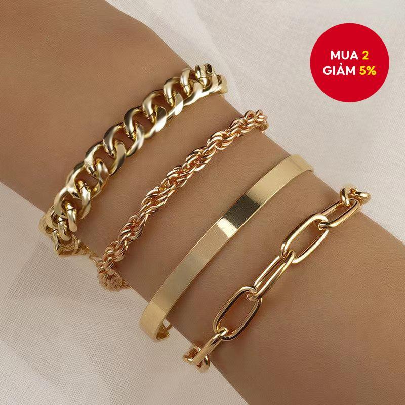 Bộ 4 chiếc vòng tay Hip Hop Gold Cuban dây xích hợp kim loại dành cho nữ