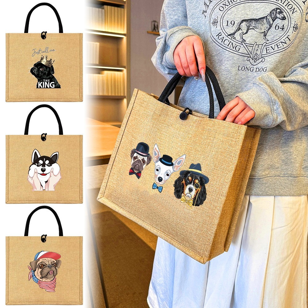 New model Jute Patchwork Bag Beautiful Large Capacity Waterproof Ladies Dog Series Jute Handbag