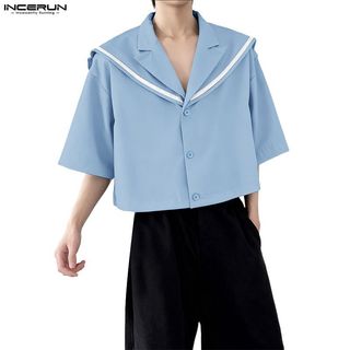 Áo sơ mi namcrop phong cách preppy Hàn Quốc, cổ hải quân, tay ngắn