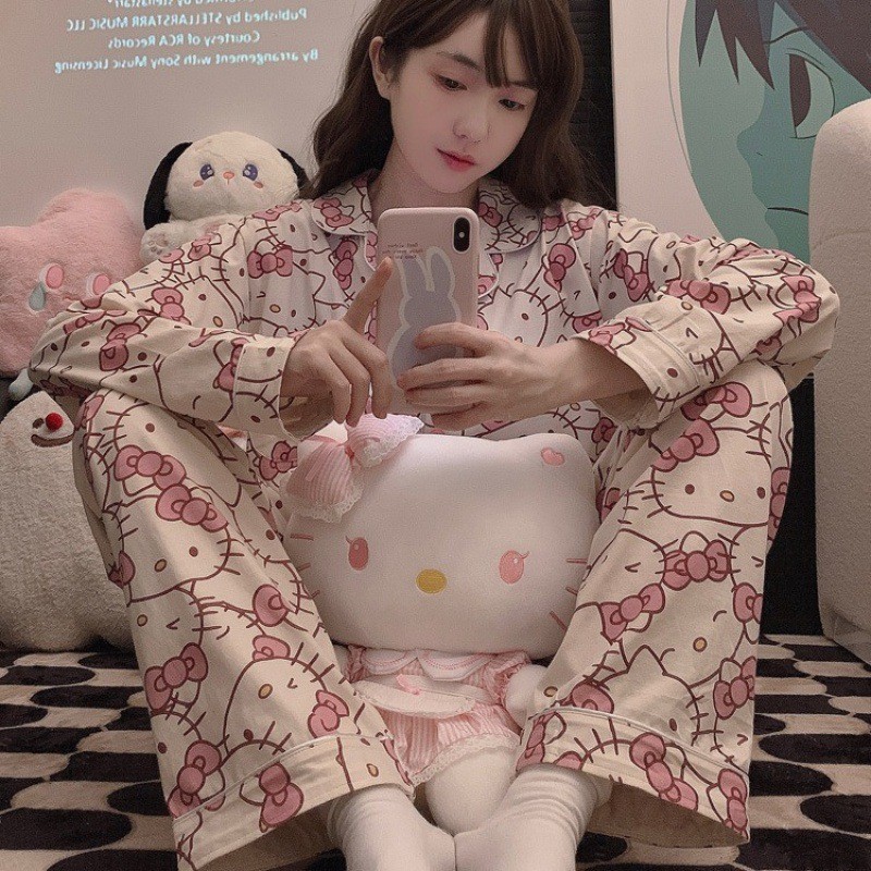 nightgowns winter pajamas Bộ Đồ Ngủ Nữ Dài Tay Thiết Kế Thu Đông, Họa Tiết Hello Kitty, Phù Hợp Mặc 
