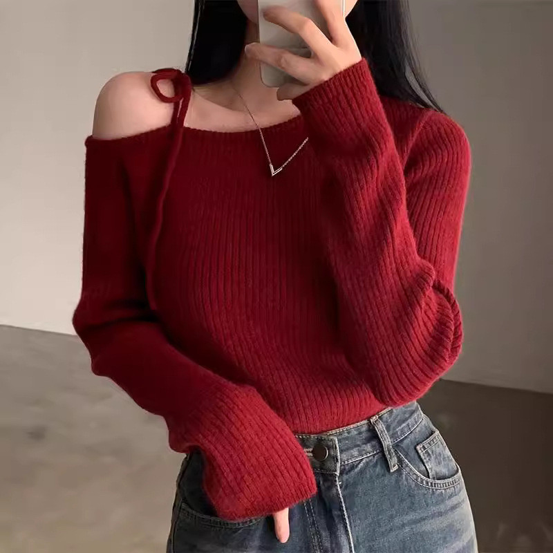 korean women's sweater off-shoulder sweater Cổ áo chéo lệch vai, cổ tròn, dệt kim dài tay có dây buộ