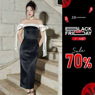  Đầm ngang vai dáng dài nhún ngực 1P21.2409CF váy đầm lụa trễ vai phù hợp cho các buổi tiệc thiết kế bởi JM Dress 