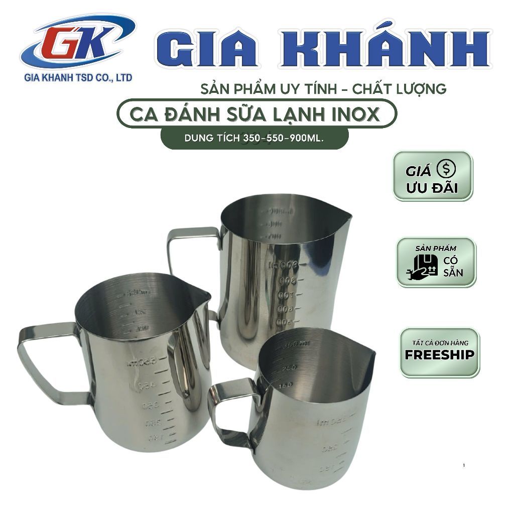 ca đựng nước, ca đựng nước, ca inox 304, Ca Đánh Sữa Lạnh Inox 304 có vạch chia rõ ràng nhiều size