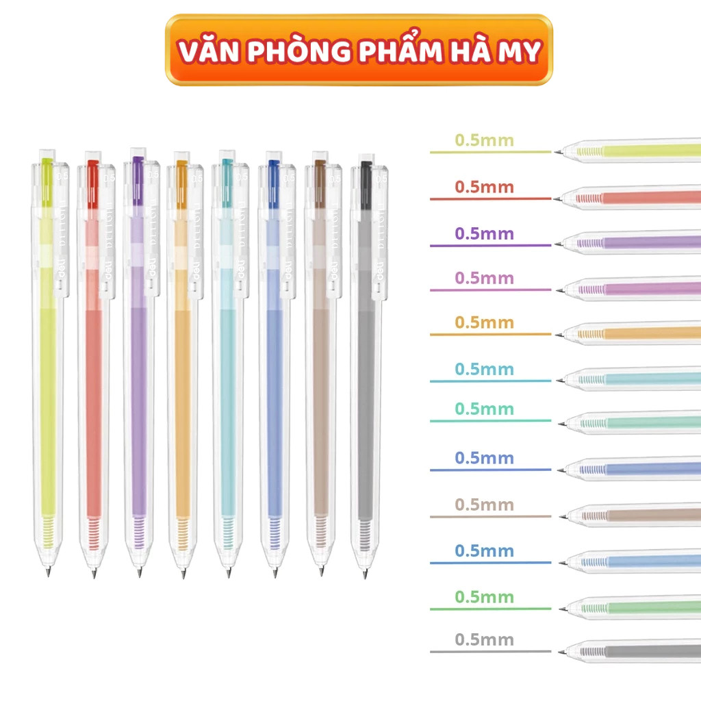 Hộp 12 Cây Bút Bi Nước Mực Gel Bấm Nhiều Màu Nhanh Khô 0.5mm Deli G118