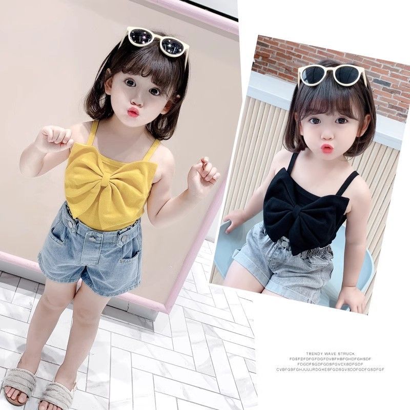 Áo Vest Bé Gái Bé Gái Áo BabyT-shirt Phiên Bản Hàn Quốc Nơ Pit Strip Đa Năng Mỏng Internet Người Nổi