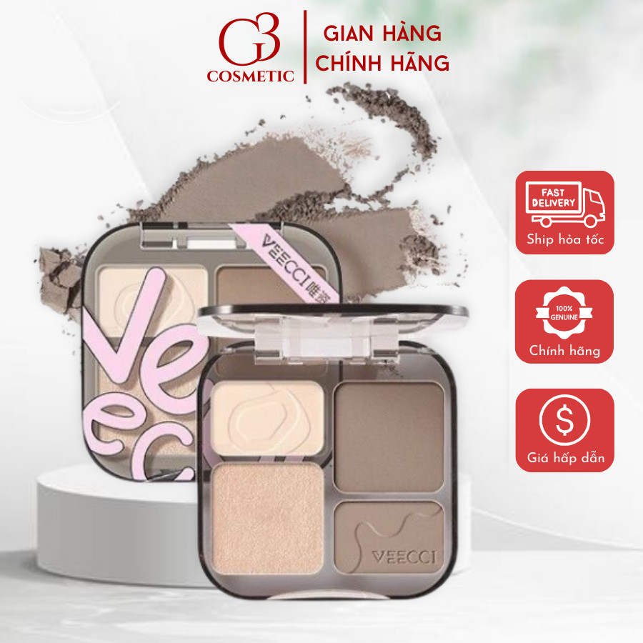 Bảng phấn tạo khối VEECCI bắt sáng highlight 4 màu tự nhiên lâu trôi chống nước có tích hợp má hồng 