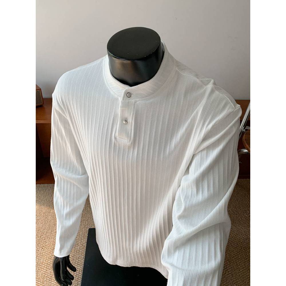 White Texture Sense Henry Collar Sweater Men's Autumn Old Money Style Stand Collar Polo Shirt Long S