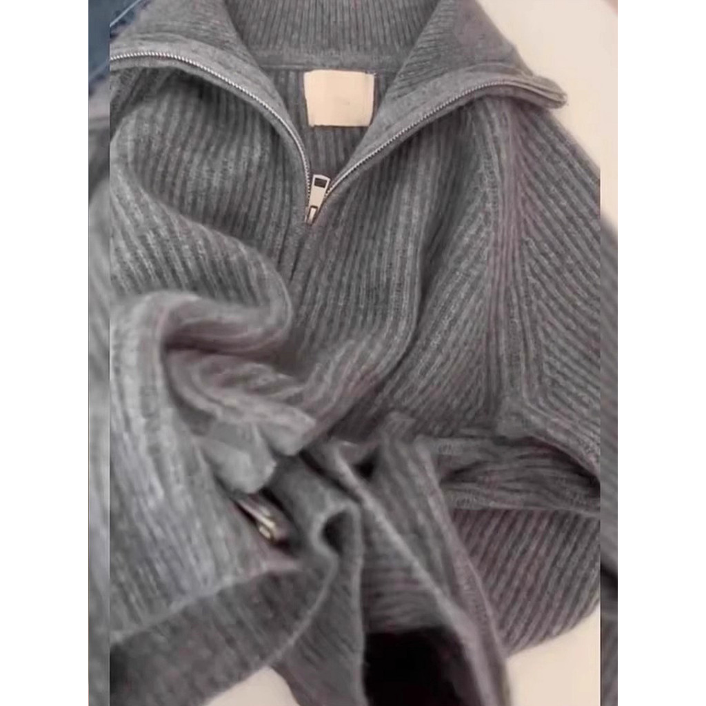 Dây Kéo Màu Xám Cổ Cao Dệt Kim Cardigan Áo Khoác Nữ Thu Đông Nhỏ Mềm Mại Waxy Raccon Lông Cừu Áo Len