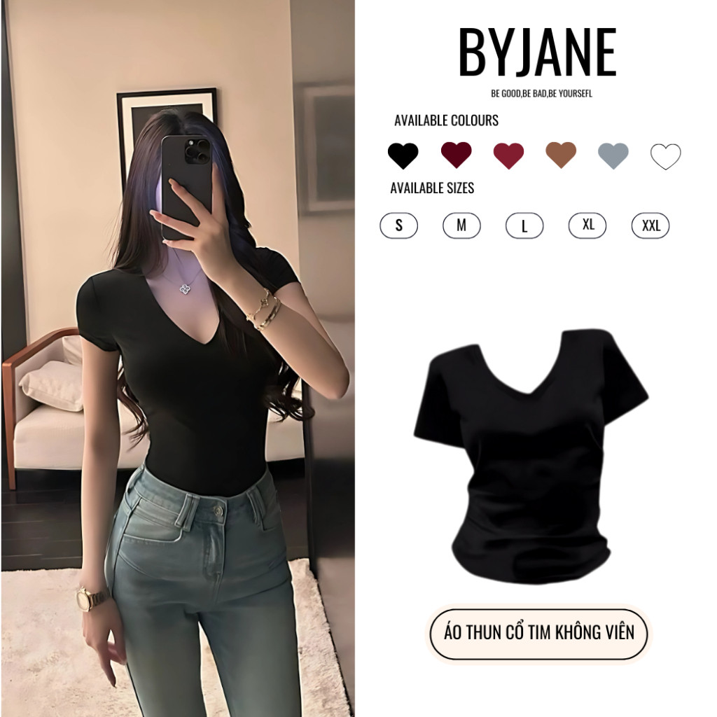 (DEAL MỞ BÁN) Áo thun tăm cổ tim không viền may BYJANE 2 lớp vải -200