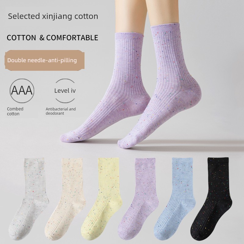 tất cao cổ cho bé gái tất trắng cao cổ 100% cotton Tân Cương tất ống giữa cho trẻ em tất xếp chồng l