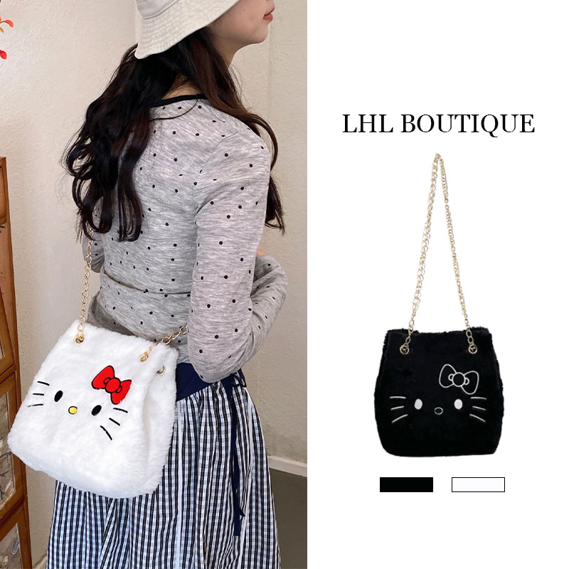 LHL BOUTIQUE  Túi xô dây rút hình mèo KT dễ thương Túi đeo vai lông cừu ngọt ngào