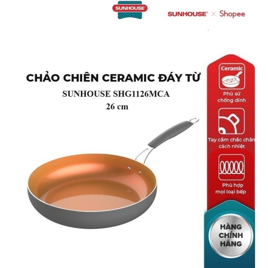 Chảo chiên Ceramic đáy từ SUNHOUSE SHG1126MCA, SHG1128MCA, SHG1130MCA, Phủ sứ chống dính, Tay cầm in