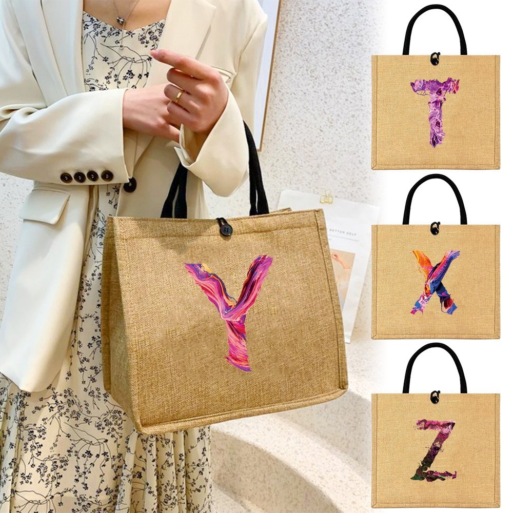 New model Jute Handbag Fabric  Shopping Handbag Reusable Sundries Storage Bag Printed Paint Series